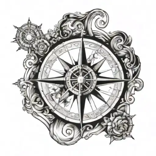 A compass surrounded by swirling water currents and guiding stars sparkling all around  tattoo design idea