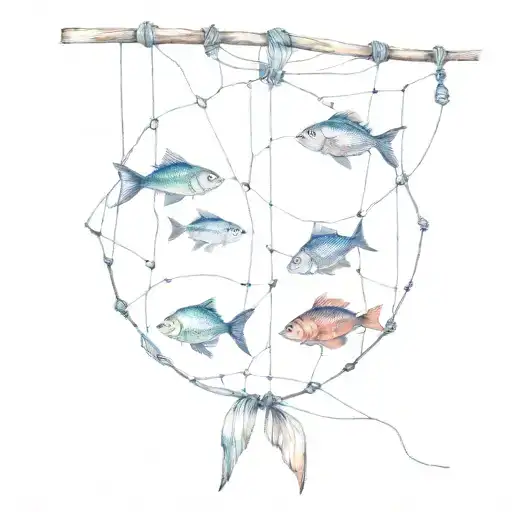 A minimalist tattoo of a fishing net filled with various types of peces fish tattoo design idea
