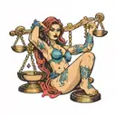 druggeed looking prostitute holding the scales of justice in one hand and aa dildo in the other tattoo design idea