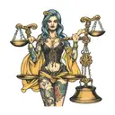 druggeed looking prostitute holding the scales of justice in one hand and aa dildo in the other tattoo design idea