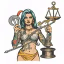 druggeed looking prostitute holding the scales of justice in one hand and aa dildo in the other tattoo design idea