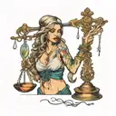 druggeed looking prostitute holding the scales of justice in one hand and aa dildo in the other tattoo design idea