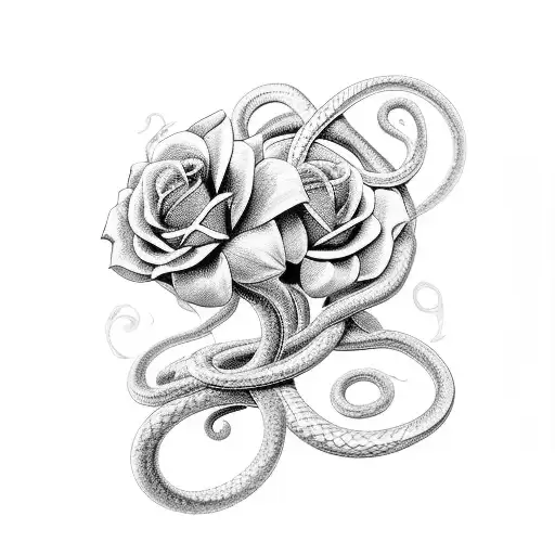 A black and grey tattoo of a sinister snake coiled around a bouquet of flowers tattoo design idea