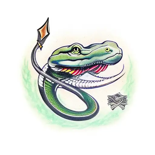 Green snake with dagger through its head. Yellow eyes on snake. Black dagger tattoo design idea