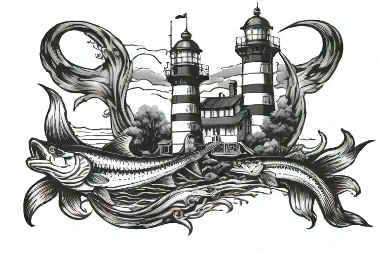 New Jersey fishing barnaget lighthouse  tattoo design idea