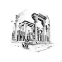 Dreamer exploring ancient Iraqi ruins with a wolf companion tattoo design idea