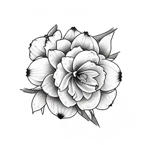 colorful flower with stem and very few leaves that as two snow drop flowers, one daffodil and one camellia flower on it tattoo design idea