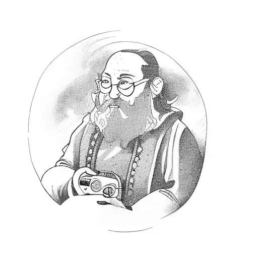 A dynamic sketch of a hobbit enjoying a peaceful moment in the Shire, with a walkman playing rock music in the backgroun tattoo design idea