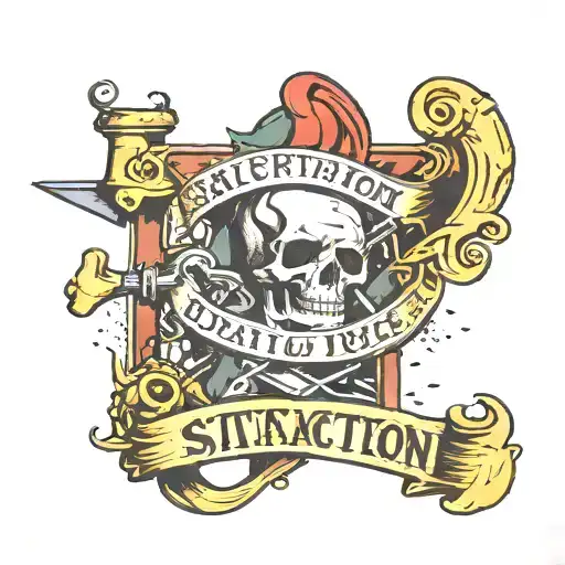 the words "satisfaction is the death of desire" with maces to dot the i's tattoo design idea