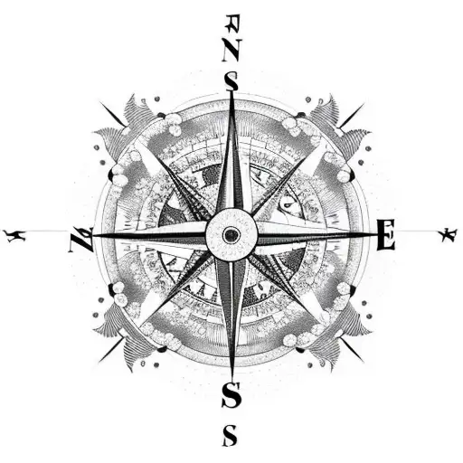 Compass and chinese dragon, with a sakura tree expanding through a starry sky tattoo design idea