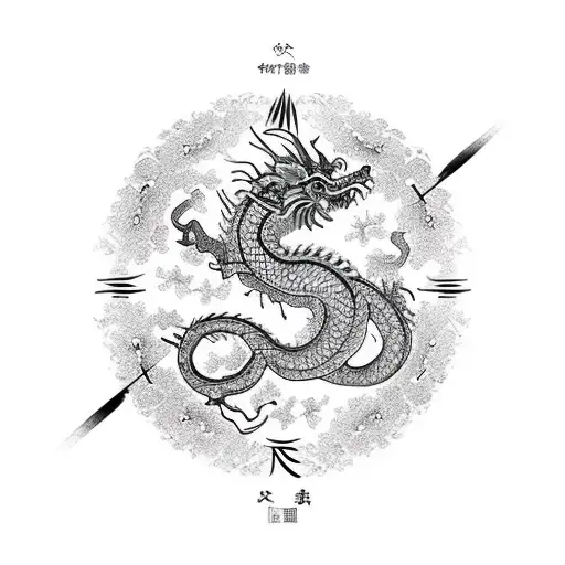 Compass and chinese dragon, with the branches of a sakura tree expanding through a starry sky tattoo design idea