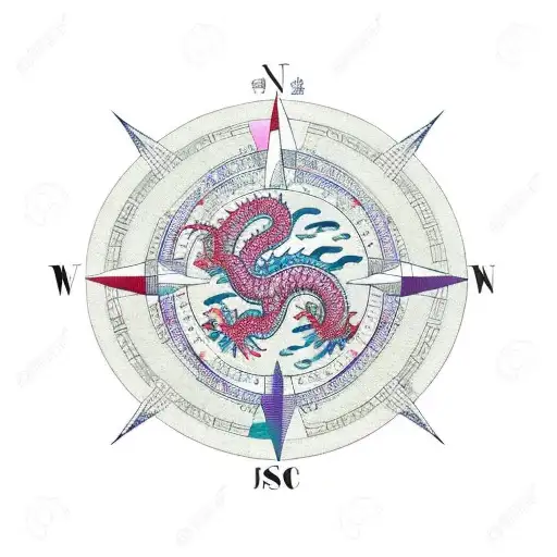Compass and chinese dragon, cover with sakura tree expanding through a starry sky tattoo design idea
