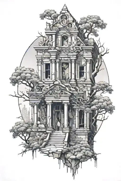 growing and rising from a ruins of a building to represent the past, strength, resilience, self growth tattoo design idea