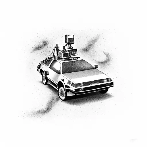 Design a dynamic black tattoo that captures the essence of 'Back to the Future' movie. Incorporate the iconic DeLorean c tattoo design idea