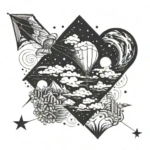 A celestial scene with a flying kite (pipa) in the sky tattoo design idea
