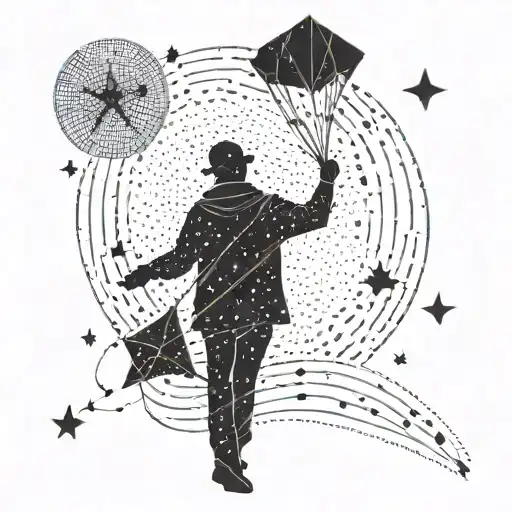 A minimalist silhouette of a man (homem) holding a kite (pipa) against a backdrop of stars (ceu) tattoo design idea