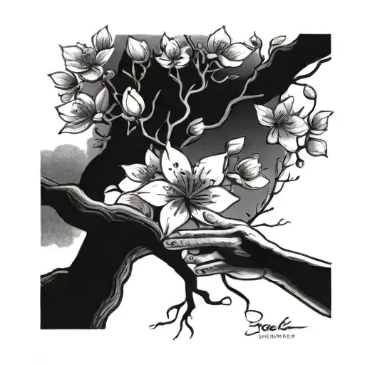 realistic giving tree , handing a child an apple blossom flower tattoo design idea