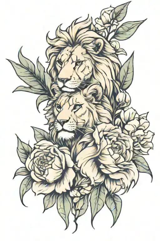 lions and oleander flower tattoo design idea