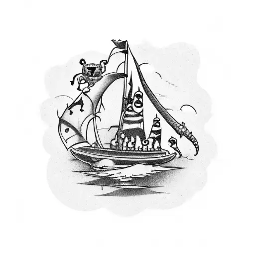 A whimsical blackwork tattoo of a family of pirates sailing on a Harley-Davidson motorcycle through the Tampa Bay skyline tattoo design idea