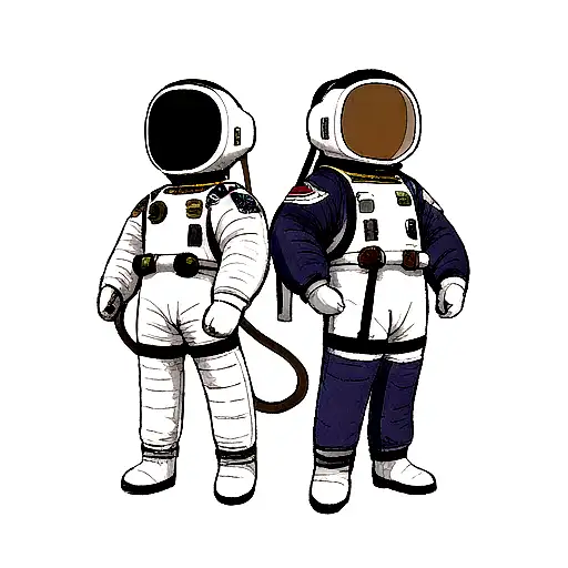 astronaught and conquistador standing back to back tattoo design idea