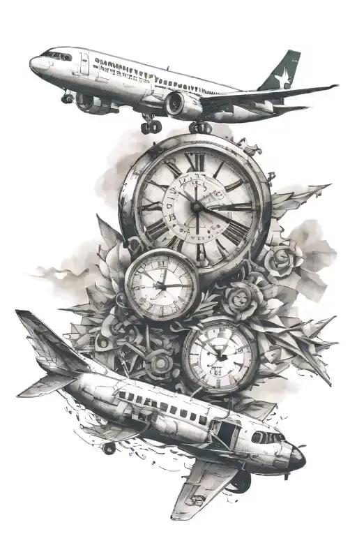 Full sleeve: Lebanon, airplane, clock showing the time 1:15, hard work, family, strength, power, resilience, christian tattoo design idea