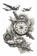 Full sleeve: Lebanon, airplane, clock showing the time 1:15, hard work, family, strength, power, resilience, christian tattoo design idea