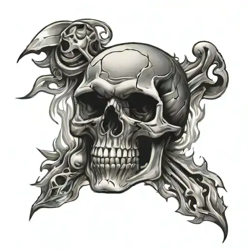 skull and flames left arm tattoo design idea