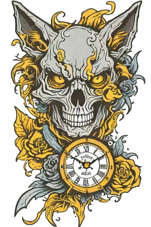 skull wolf clock hands tattoo design idea