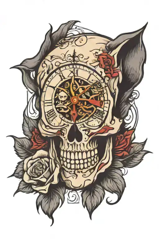 skull clock wolf tattoo design idea