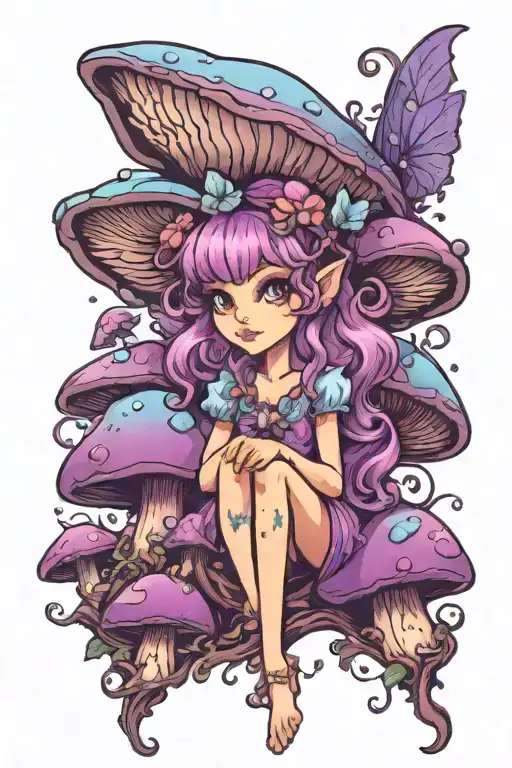 cute personified mushroom fairy in purples and blues  tattoo design idea