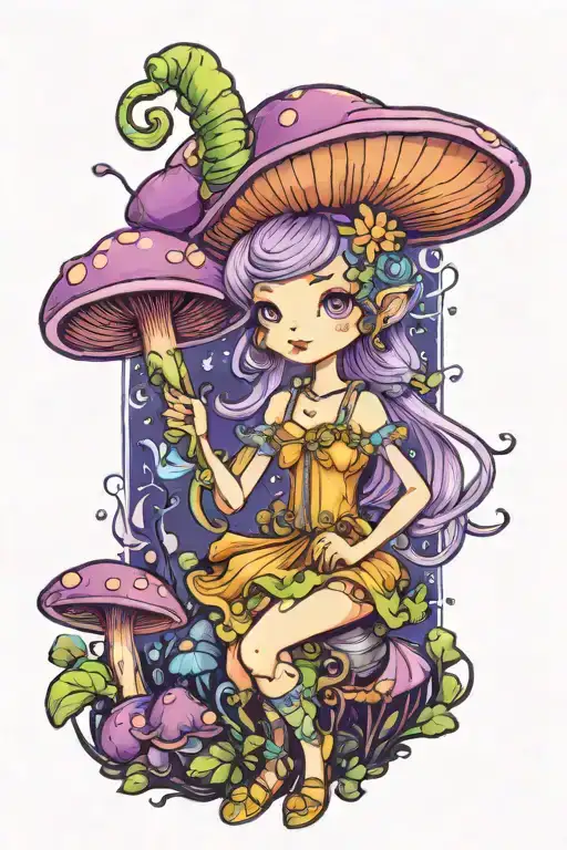 cute personified mushroom fairy princess in bright purples and blues  tattoo design idea