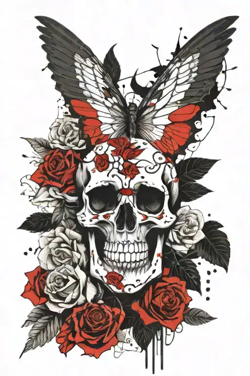 roses skull mantle wings horns smoke tattoo design idea