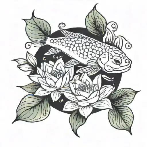 Pisces fish and water lily flower tattoo design idea