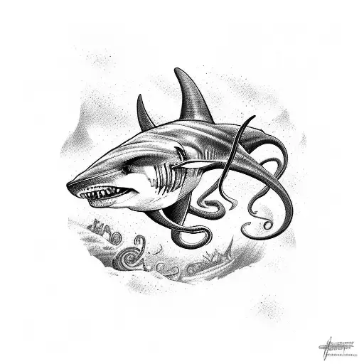 marine scene with squid and hammerhead shark tattoo design idea