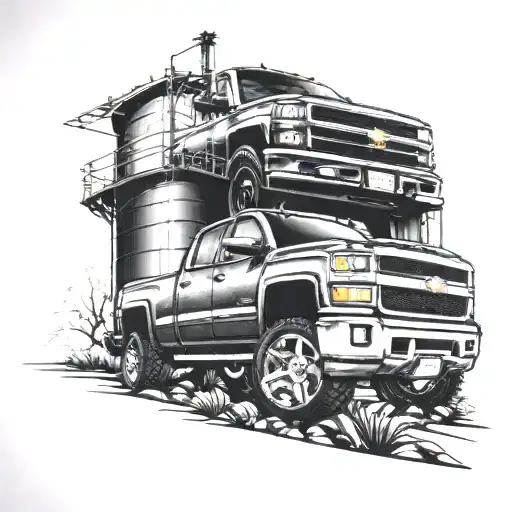 a water tower in the background with a new chevy silverado in the foreground face-on, taken from a low angle  tattoo design idea