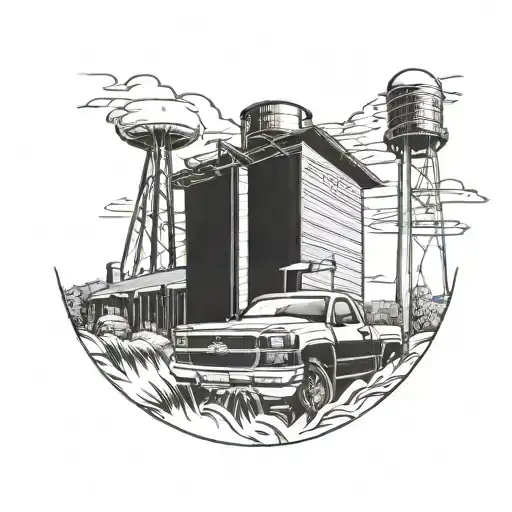 a tall water tower in the background with a new chevy silverado in the foreground face-on, taken from a low angle  tattoo design idea