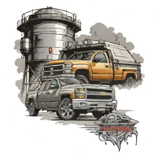 a water tower in the background with a new chevy silverado in the foreground taken from a low angle tattoo design idea