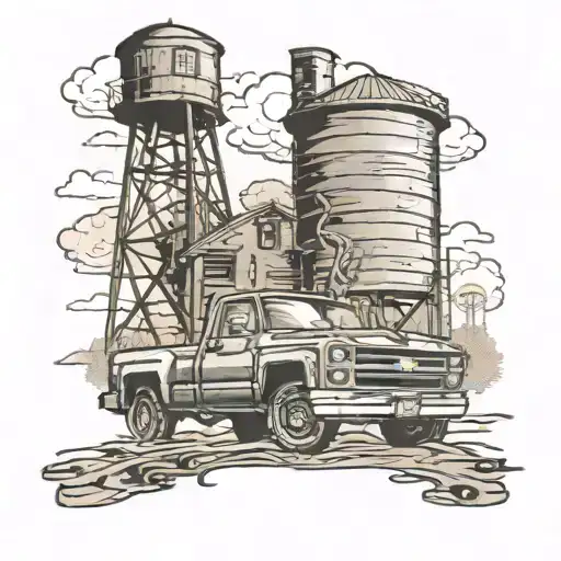 a tall wooden water tower in the background with a new chevy silverado in the foreground face-on, taken from low angle  tattoo design idea