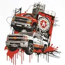 a water tower in the background with a new chevy silverado in the foreground face-on, taken from a low angle  tattoo design idea