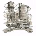 a tall wooden water tower in the background with a new chevy silverado in the foreground face-on, taken from low angle  tattoo design idea
