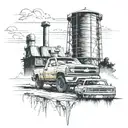 a tall wooden water tower in the background with a new chevy silverado in the foreground face-on, taken from low angle  tattoo design idea