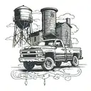 a tall wooden water tower in the background with a new chevy silverado in the foreground face-on, taken from low angle  tattoo design idea