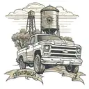 a tall wooden water tower in the background with a new chevy silverado in the foreground face-on, taken from low angle  tattoo design idea