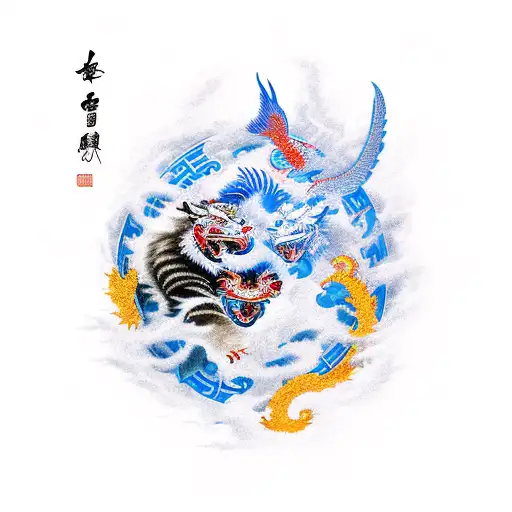 Four Guardians of china, Black Turtle, Azure Dragon, Vermilion Bird, White Tiger tattoo design idea