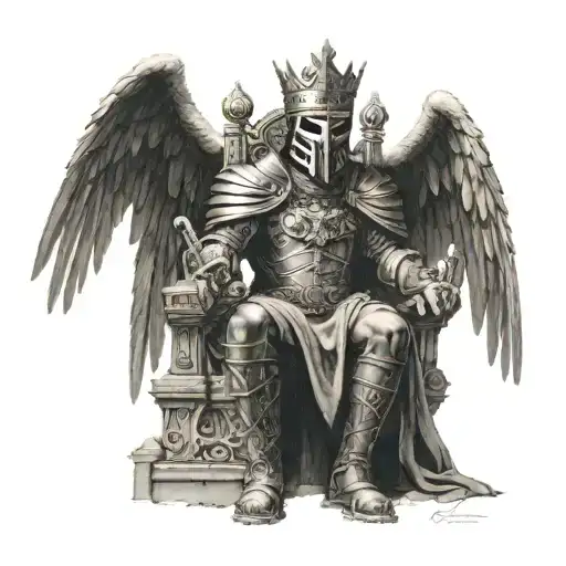 a masked figure of a king with wings, sitting on a throne in a victorious position, in front of him is a sword stuck into the ground tattoo design idea