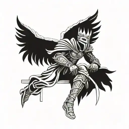 a masked figure of a king with wings, sitting on a throne in a victorious position, in front of him is a sword stuck into the ground tattoo design idea