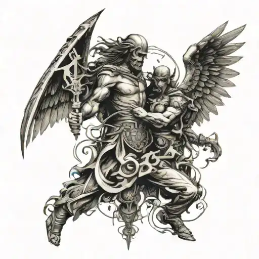 A street art inspired tattoo incorporating elements of angels fighting demons war full back pease and the word scheme  tattoo design idea