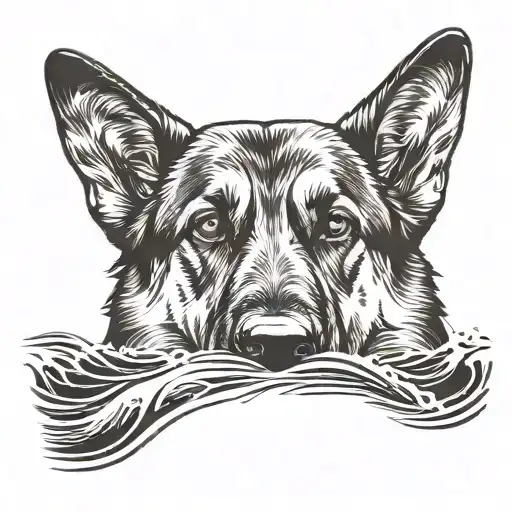German shepherd silhouette formed watching ocean waves tattoo design idea