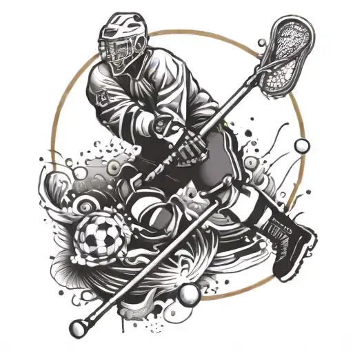 An intricate tattoo design of a hockey player scoring a goal with a background of fishing rods and electrician tools tattoo design idea