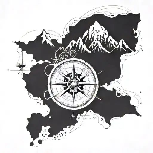 A dynamic tattoo design combining elements of a nautical map with a mountain range featuring a compass rose  tattoo design idea
